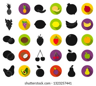 Different fruits black,flat icons in set collection for design. Fruits and vitamins vector symbol stock web illustration.