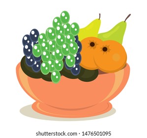 Different fruits in a bowl on a white background. Vector illustration.