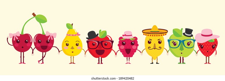 Different fruits cartoon characters holding each other hands. Horizontal banner. Vector illustration.