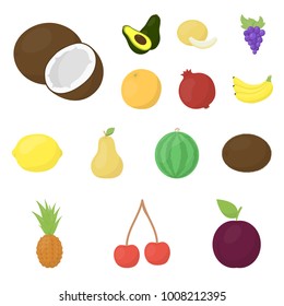 Different fruits cartoon icons in set collection for design. Fruits and vitamins vector symbol stock web illustration.