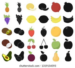 Different fruits cartoon,black icons in set collection for design. Fruits and vitamins vector symbol stock web illustration.