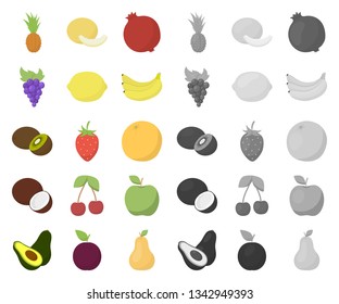 Different fruits cartoon,mono icons in set collection for design. Fruits and vitamins vector symbol stock web illustration.