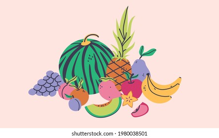 Different fruits composition flat cartoon illustration. Summer harvest banner design. Tropical mix background.