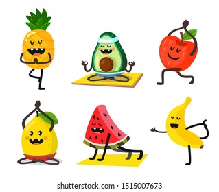 frutas diferentes hacen yoga en poses diferentes