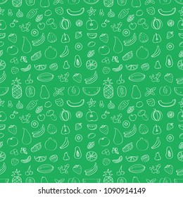 Different fruits are drawn on light green background. Seamless pattern.