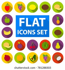 Different fruits flat icons in set collection for design. Fruits and vitamins vector symbol stock web illustration.