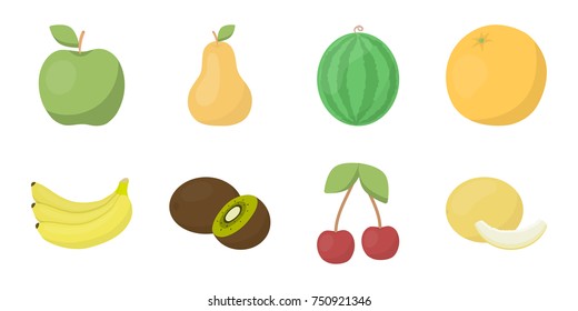 Different fruits icons in set collection for design. Fruits and vitamins vector symbol stock  illustration.