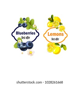 Different fruits. Labels for tea, juice, yogurt.