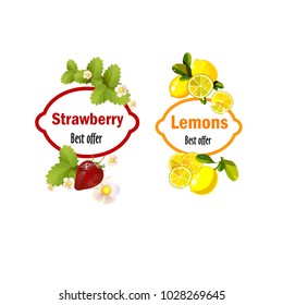 different fruits. Lemons and strawberries. Label.