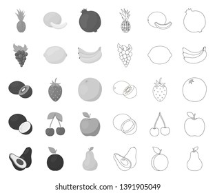 Different fruits mono,outline icons in set collection for design. Fruits and vitamins vector symbol stock web illustration.