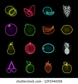 Different fruits neon icons in set collection for design. Fruits and vitamins vector symbol stock web illustration.