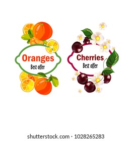 
different fruits. Oranges and cherries. Label.