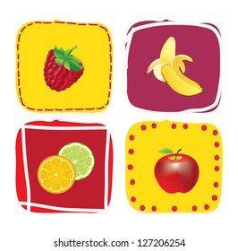 Different Fruits over colors square vector illustration