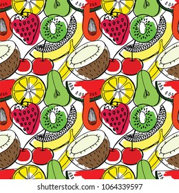 different fruits are painted on a light blue background and painted in different colors. Seamless pattern.