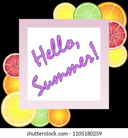 Different fruits pattern with hello summer text on the yellow background. Vector illustration.