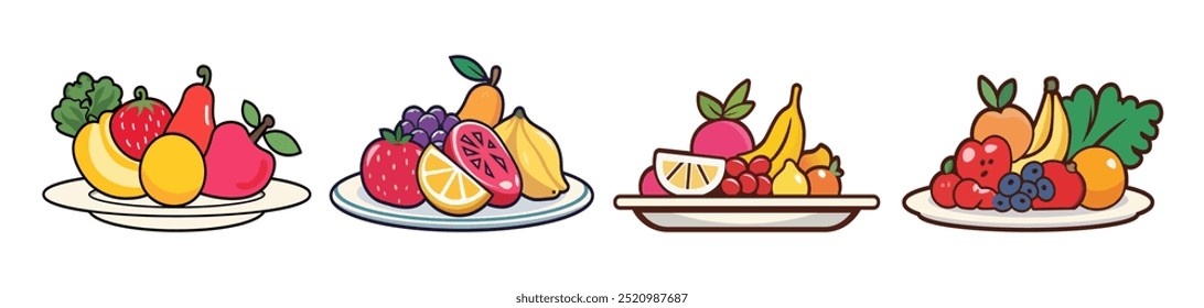 Different fruits with plate. Hand drawn colorful vector illustration. Happy Food Day.