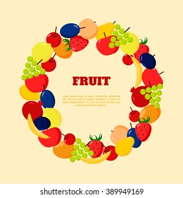 Different fruits round frame. Dessert menu cover template with place for your text message. Juicy fruits. Creative background with colorful flat elements. Place for your text. Vector illustration.
