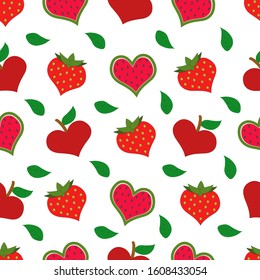 Different fruits shape of a heart pattern on a white background. Apple-heart, strawberry-heart, watermelon-heart. Vector.