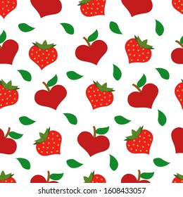 Different fruits shape of a heart pattern on a white background. Apple-heart, strawberry-heart. Vector.