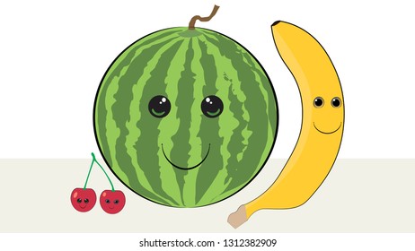 Different fruits smiling together: watermelon, banana, cherry. Foods with faces. 