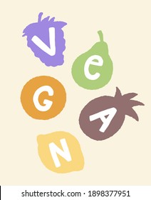 Different fruits and vegetables with lettering. Diet, healthy, organic vegan food. Vector, outline drawing, flat color illustration. Grape, pear, orange, pineapple, lemon.