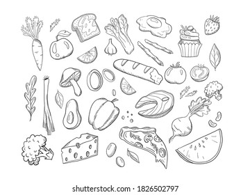 Different fruits, vegetables and meals hand drawn vector illustration