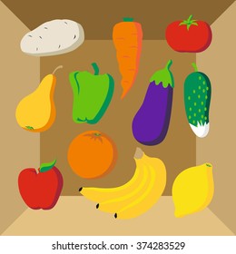 Different fruits and vegetables on a cardboard box vector; eps10