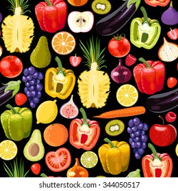 Different fruits and vegetables vector seamless background