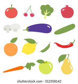 Different fruits and vegetables vector. Tomato, cherry, broccoli, pomegranates, mushrooms, champignons, eggplant, cucumber, orange, Lemon, peas, red hot chili peppers, carrots, apple and pear.