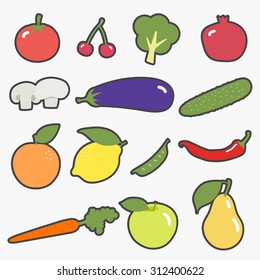 Different fruits and vegetables vector. Tomato, cherry, broccoli, pomegranates, mushrooms, champignons, eggplant, cucumber, orange, Lemon, peas, red hot chili peppers, carrots, apple and pear.