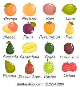 Different fruits of the world color flat icons set