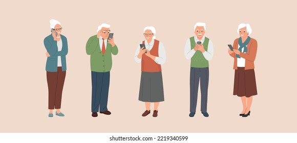 Different full body elderly women and men look into the smartphone and talking on the smartphone  Vector flat style  illustration