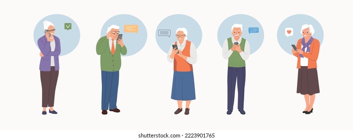 Diferentes mujeres y hombres mayores de todo el cuerpo miran el smartphone y hablan en la ilustración de caricaturas de estilo plano del Vector de smartphone