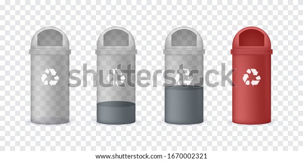 Different Fullness of Trash Bins. Red Basket\
with a Garbage Recycling Sign and Abstract Transparent Bins.\
Isolated vector\
illustration