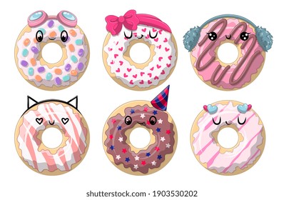 Diferentes donuts divertidos y apetitosos. Conjunto de ilustraciones vectoriales de dibujos animados planos aisladas en fondo blanco.