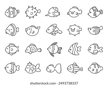 Different funny cartoon fishes. Coloring Page. Cute underwater animals. Hand style. Vector drawing. Collection of design elements.