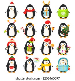 Different funny cartoon penguins collection, vector illustration. Set of characters with Christmas tree and garland, gift and sweet candy, in warm clothes