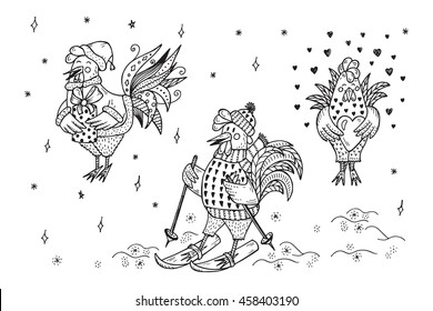 Different Funny Cartoon Roosters Vector Set. Hand Drawn Doodle Cocks. Rooster symbol of Chinese New Year. Coloring page for kids