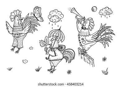 Different Funny Cartoon Roosters Vector Set. Hand Drawn Doodle Cocks. Rooster symbol of Chinese New Year. Coloring page for kids svg