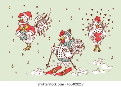 Different Funny Cartoon Roosters Vector Set. Hand Drawn Doodle Cocks. Rooster symbol of Chinese New Year