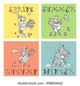 Different Funny Cartoon Roosters Vector Set. Four seasons icons. Times of year. Weather. Hand Drawn Doodle Cocks at different times of year. Rooster symbol of Chinese New Year