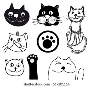 Different funny cats. Drawn muzzles.