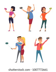 Different funny characters make selfie on their smartphones. Vector characters happy with camera for self photography illustration