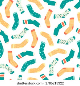 Different funny colorful socks seamless pattern on white. Flat vector illustration in cartoon style.