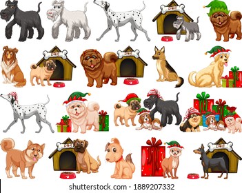 Different funny dogs in cartoon style isolated on white background illustration