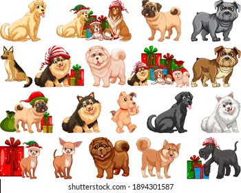 Different funny dogs in cartoon style isolated on white background illustration
