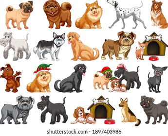 Different funny dogs in cartoon style isolated on white background illustration