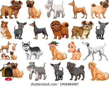 Different funny dogs in cartoon style isolated on white background illustration