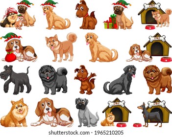 Different funny dogs in cartoon style isolated on white background illustration