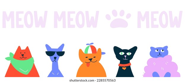 Different funny domestic cats sit and look straight ahead. Horizontal banner template with hand lettering meow and paw. Hand drawn cartoon flat vector illustration.